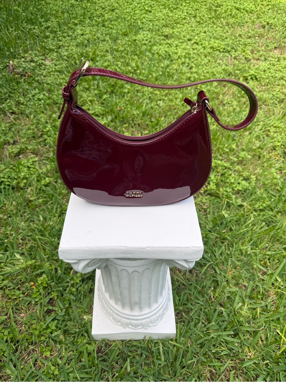 Tommy Hilfiger Patent Crescent Shoulder Bag in Deep Wine